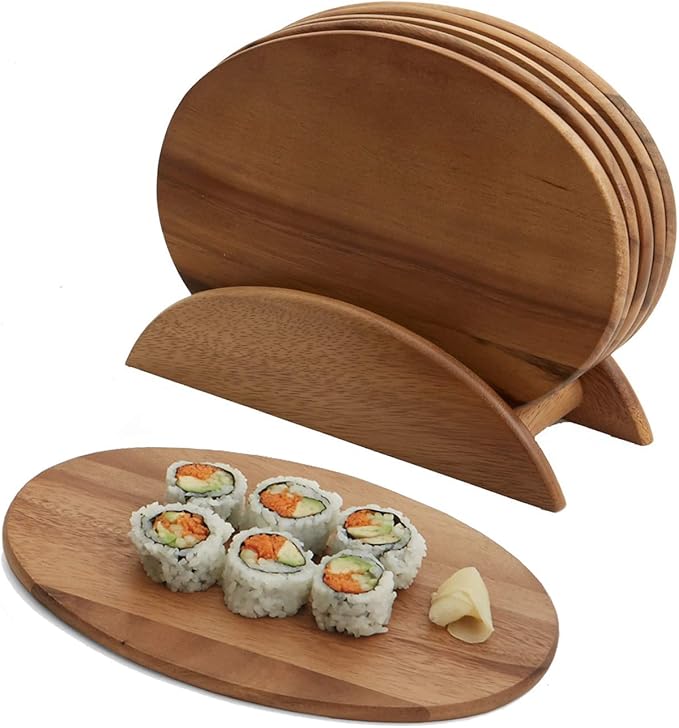 6 Acacia Wood Serving Boards with Stand, Perfect for Serving, Sushi, Cheese, Hors d'oeuvre, Charcuterie, Sandwiches by Woodard & Charles, 7 Piece Set, 9 1/2" x 6 1/2" ★★PACK OF 10★★