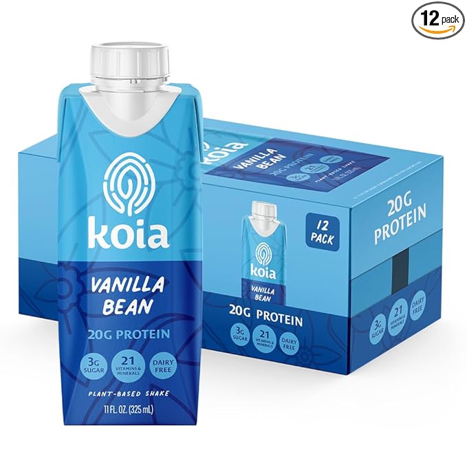 Koia Plant Based Protein Shake, Vanilla Bean, 20g Protein, 3g Sugar, 6g Prebiotic Fiber, 21 Vitamins & Minerals, Meal Replacement Drinks, Dairy-Free, Gluten-Free, Non-GMO, 11 Fl Oz (Pack of 12)