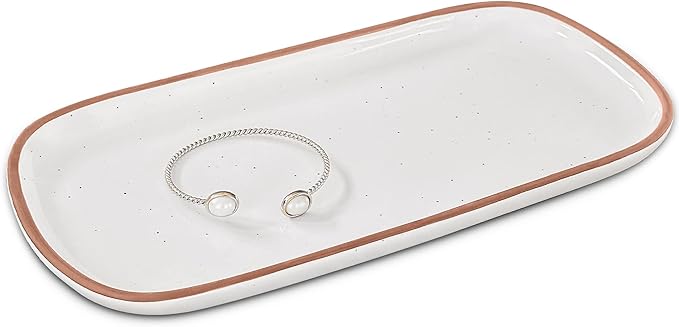 Mora Ceramic Decorative Tray - Rectangle 10in Dish for Jewelry, Soap Dispenser, Perfume, Makeup, Accessories, Candle, in The Bathroom Vanity, Bedside, or Kitchen Counter. Cute Organizers - White
