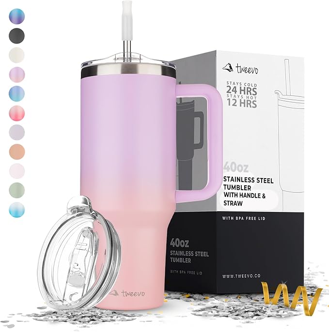 40 oz Tumbler With Handle and Straw Made of Stainless Steel - Double Wall Vacuum Insulated Tumbler With Lid - Sweat Proof Easy Grip, BPA-Free, Dishwasher Safe Tumbler (Gradient Purple)
