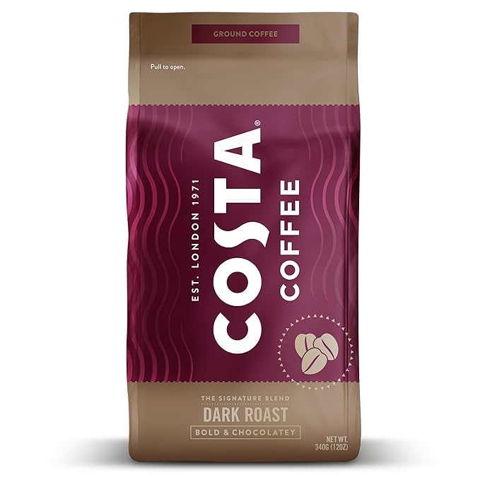 Costa Coffee Ground Coffee, Signature Blend Dark Roast, 12oz each, Rainforest Alliance Certified