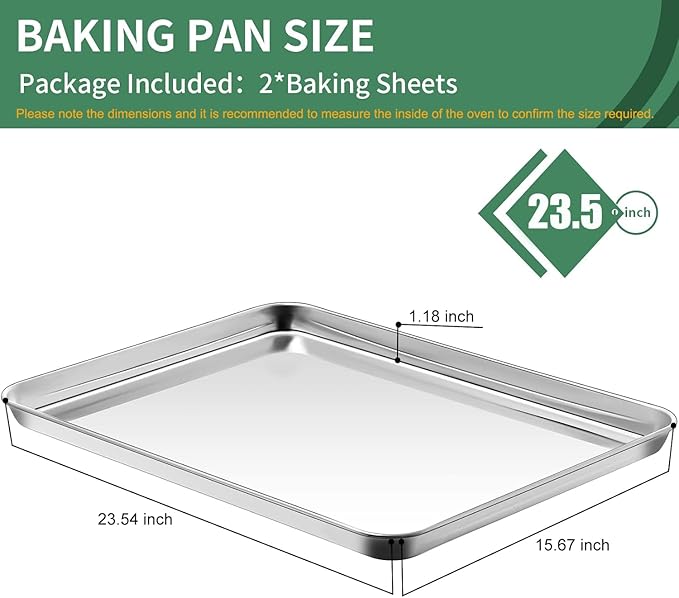 Baking Sheets Set of 2, HKJ Chef Cookie Sheets 2 Pieces Stainless Steel Baking Pans & Toaster Oven Tray Pans, Rectangle Size 23.54L x 15.67W x 1.18H inch & Non Toxic & Healthy & Easy Clean