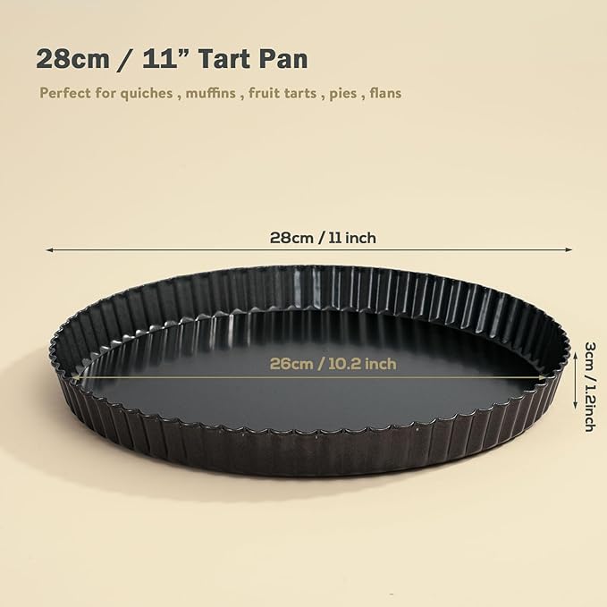 Sturdy Nonstick Tart Pan 11 inch Removable Bottom, Round Carbon Steel Quiche Pan for Baking, Heavy Duty Tart Mold loose for Pie, Mousse Cakes,Fruit and Desserts