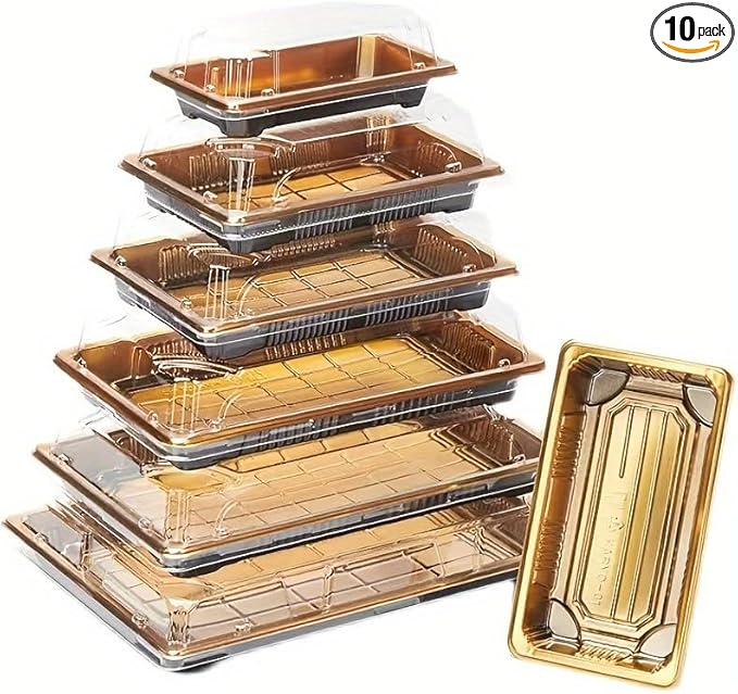 10 Pack Gold Rectangular Sushi Containers with Clear Lids – Disposable Plastic Food Boxes for Party, Takeout & Catering – Elegant, Stackable Trays for Sushi, Snacks & Desserts(Model No.1105)