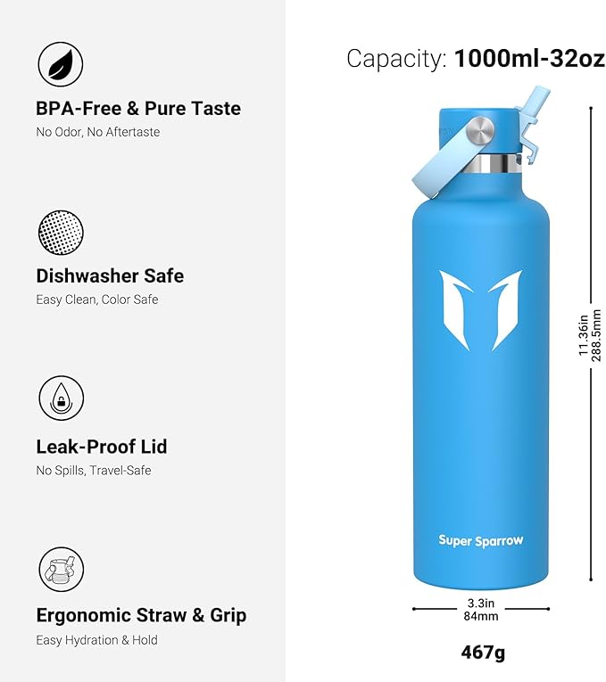 Super Sparrow Insulated Water Bottle - 17 Oz / 25 Oz / 32 Oz - Standard Mouth FlipFlow Flask - BPA Free, Leak Proof Drink Bottle- Ergonomic Straw Water Bottles for Work, Gym, Travel, Sports