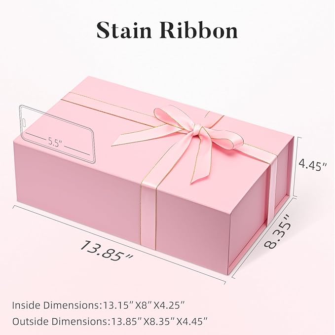LIFELUM Pink Gift Box 13.85'' x 8.35'' x 4.45'' Gift for Wedding Large Gifts Boxes for Presents Cute Birthday Magnetic Box for Gifts with Luxury Filler,Card, Ribbon,Sticker 1 Pack