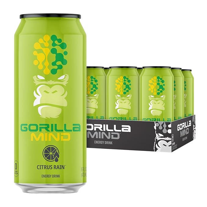 Gorilla Mind Energy Drink | Unmatched Energy · Amplified Focus | N-Acetyl-L-Tyrosine, Alpha-GPC, 200mg Caffeine, Uridine, Saffron | 0 Sugar Or Artificial Colors | 16oz, 12-Pack (Citrus Rain)