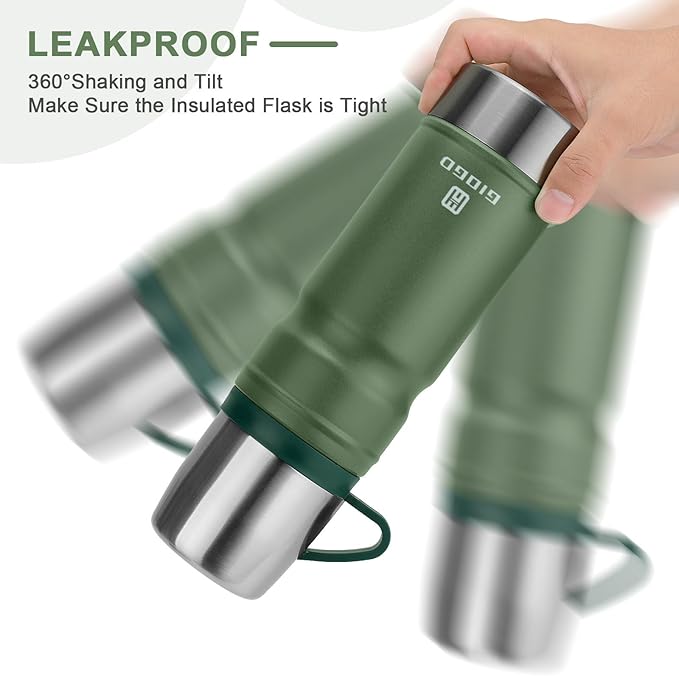 Vacuum Insulated Water Bottle Thermo Water Flask with Cup 680ml/23oz Stainless Steel Thermal Water Bottles Thermo for Hot and Cold Drinks Coffee Water(Green,Set)