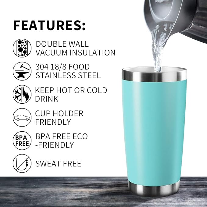20oz Tumbler Bulk Stainless Steel Vacuum Insulated Tumblers with Lid Double Wall Travel Mug, Powder Coated Coffee Cup, Suitable for Ice Drinks and Hot Beverage (Light blue 6pack)