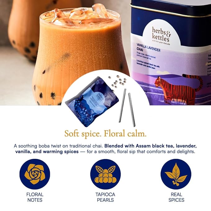 Herbs & Kettles Vanilla Lavender Chai Boba Kit | Assam Black Tea with Real Vanilla Bean, Lavender Flowers & Warming Spices + Chewy Tapioca Pearls | DIY Bubble Tea Kit with Reusable Straws