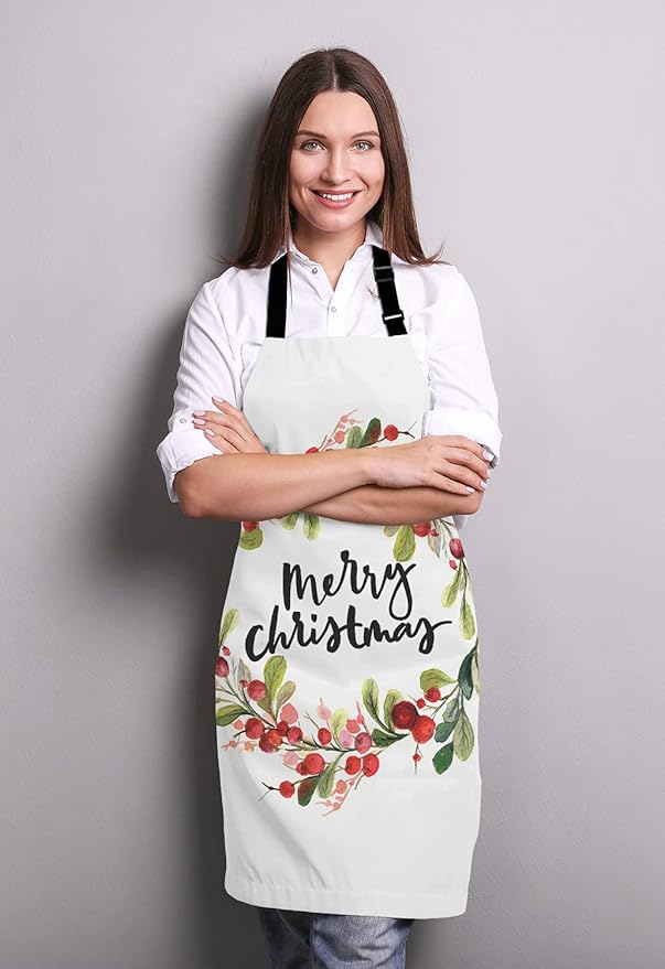 Merry Christmas Berry Wreath Apron for Women and Men, Adjustable Kitchen Chef Apron for Cooking Baking - Cute Birthday, Anniversary, Mother's Day Apron Presents for Mom Wife Girlfriend Aunt Grandma