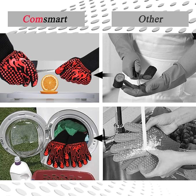 Comsmart BBQ Gloves, 1472 Degree F Heat Resistant Grilling Gloves Silicone Non-Slip Oven Gloves Long Kitchen Gloves for Barbecue, Cooking, Baking, Cutting