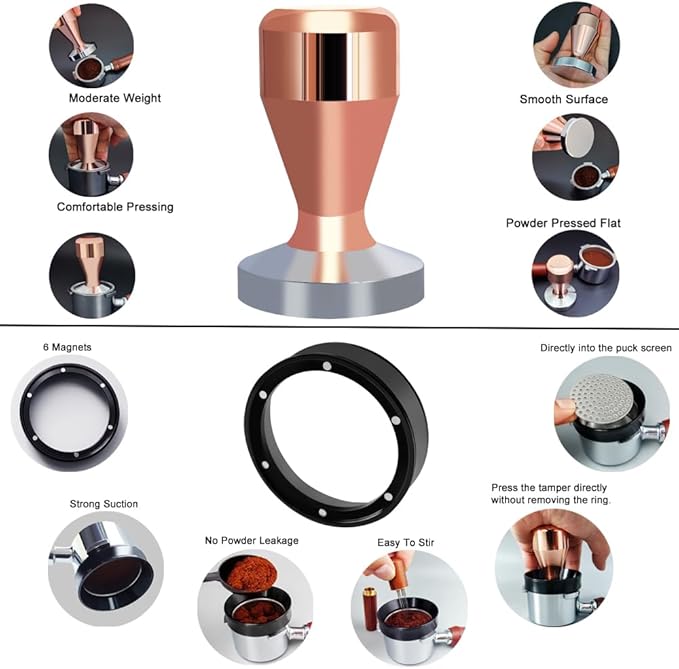 51mm Espresso Tamper Set, 5PCS Coffee Tamper Kit with WDT Tool, Coffee Stirrer, Dosing Funnel, Puck Screen 51mm Espresso Accessories Tampers Kit (Rose Gold)
