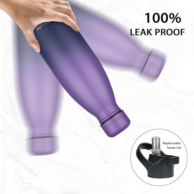 Insulated Water Bottle,2 Pack-12oz Stainless Steel Water Bottles with straw lid,Metal Sports Thermos Water Bottles for Boys,Girls,Double Wall Vacuum BPA-Free Flask for Sports (Purple-SeaIndigo)