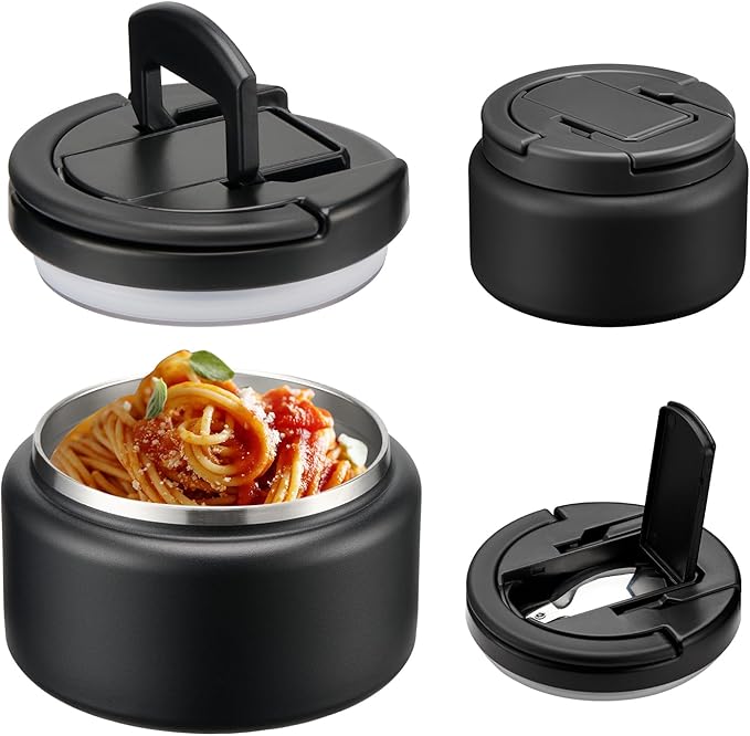 Soup Thermo for Hot Food Kids 13.5oz Lunch Containers with Buckle Lid Wide Mouth Hot Food Jar Vacuum Insulated Stainless Steel Bento Box Leakproof with Spoon(Black)