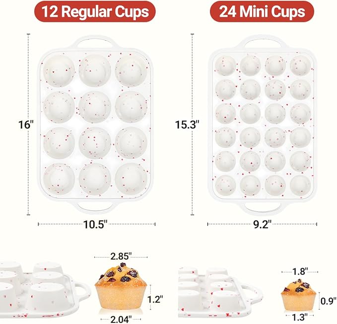 CAKETIME Silicone Muffin Pans for Baking, Metal Reinforced Frame Regular 24 Cups & Mini 12 Cups Cupcake Pan Nonstick Muffin Pan for Homemade Baking Easy to Handle
