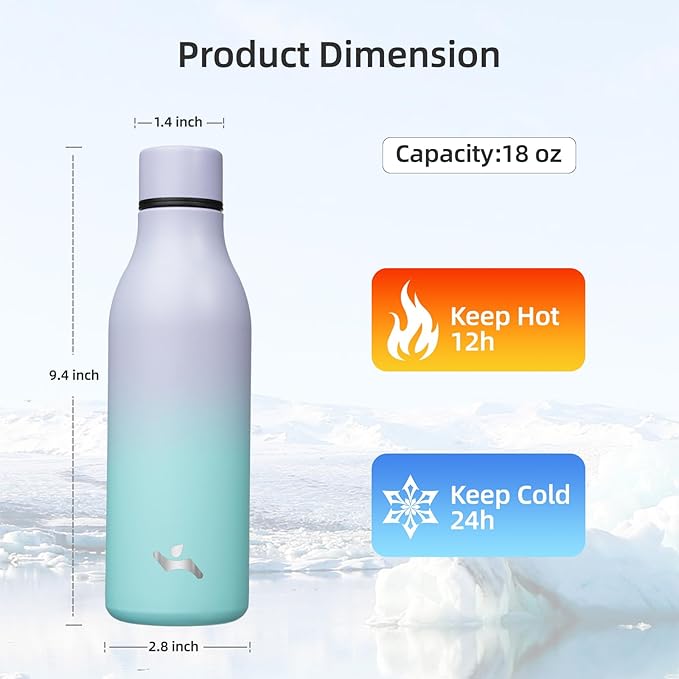 Insulated Water Bottle with Strap,18 oz Double Wall Stainless Steel Vacuum Bottles Metal Water Flask,Lavender Green