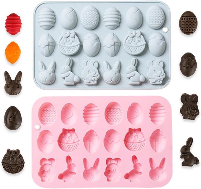 2 Pcs Easter Silicone Chocolate Molds, 18 Cavity Mini Bunny Egg Candy Molds Design for Making Jellies, Soft Candy, Ice Cubes, Wax Melts, Soaps, Resin etc Cake Decoration