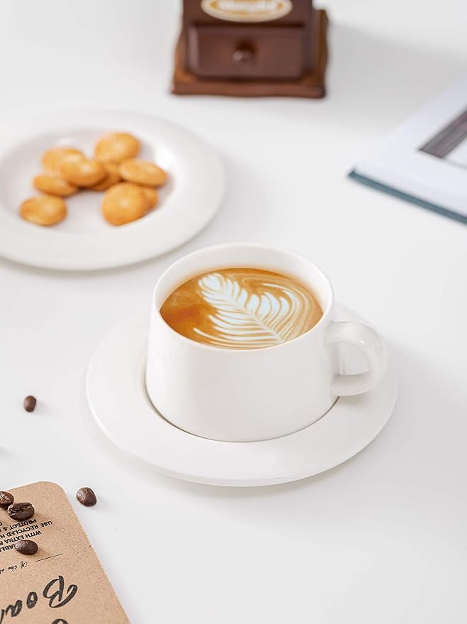 Kanwone Porcelain Stackable Cappuccino Cups with Saucers - 8 Ounce for Specialty Coffee Drinks, Cappuccino, Latte, Americano and Tea - Set of 4, White