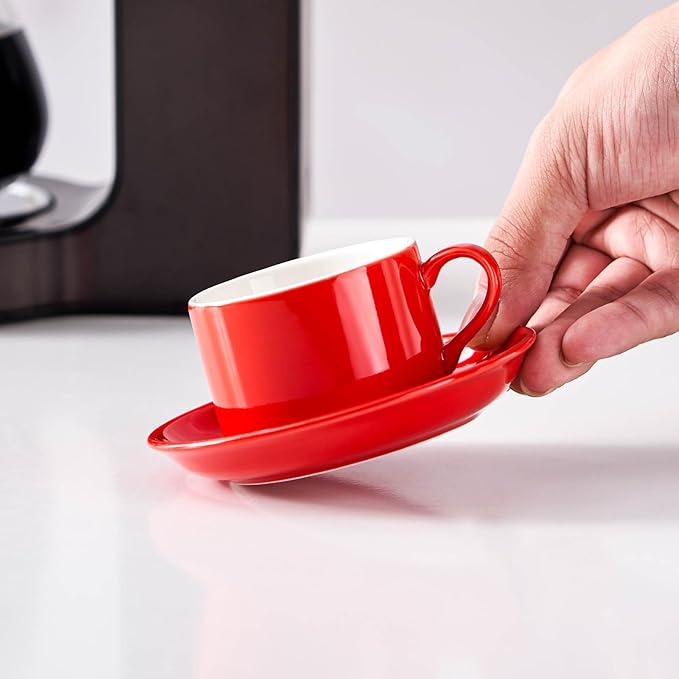 8oz Porcelain Stackable Cappuccino Cups with Saucers and Metal Stand Set of 4, Coffee Cups for Espresso, Specialty Coffee Drinks, Latte, Americano and Tea - Red