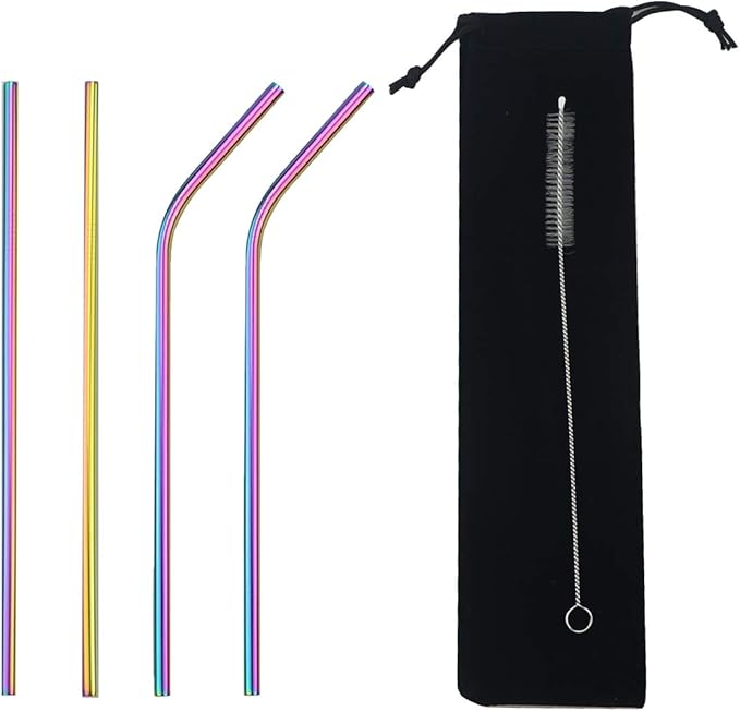 Gugrida Metal Straws Stainless Steel Straws 8.5" Drinking Straws Reusable 4 Set - Ultra Long Muti Color-Cleaning Brush for 20/30 Oz for Trail Tumblers Yeti RTIC SIC Ozark (2 Straight|2 Bent|1 Brush）