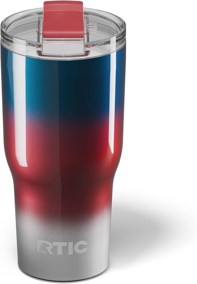 RTIC 30oz Essential Tumbler with Lid, Ceramic Lined, Insulated, Stainless Steel, Metal, Double Wall Vacuum-Insulation, Travel Cup for Iced Coffee, Tea, Hot and Cold Drink, Patriot Metallic