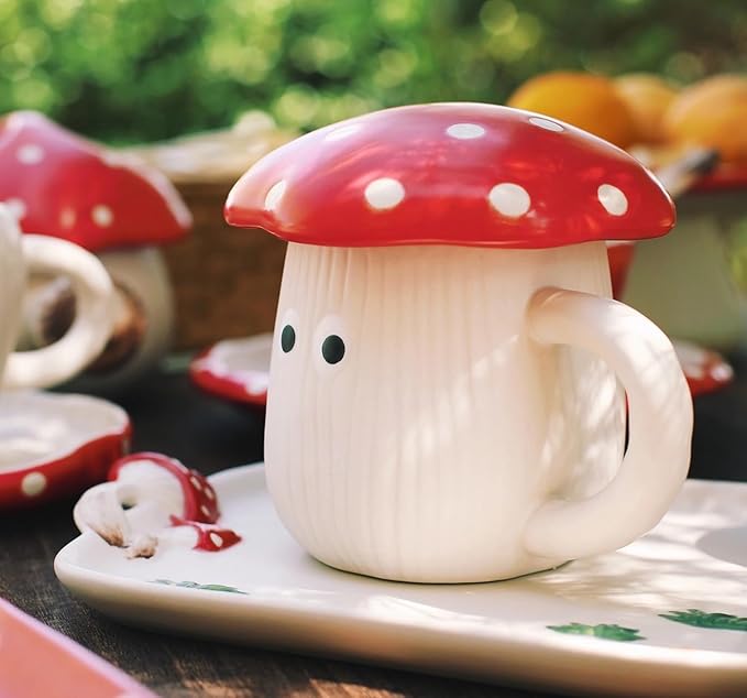 Cute Mushroom Mug with Lid, Handmade Glaze Cover & Eyes, Safety Matt Ceramic Milk Mugs, 12 oz Cartoon Tea Cup. Best Gifts for Women & Girls.