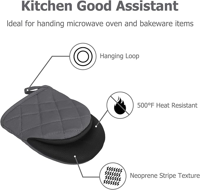 1 Pair Short Oven Mitts, Heat Resistant Silicone Kitchen Mini Oven Mitts for 500 Degrees, Non-Slip Grip Surfaces and Hanging Loop Gloves, Baking Grilling Barbecue Microwave Machine Washable