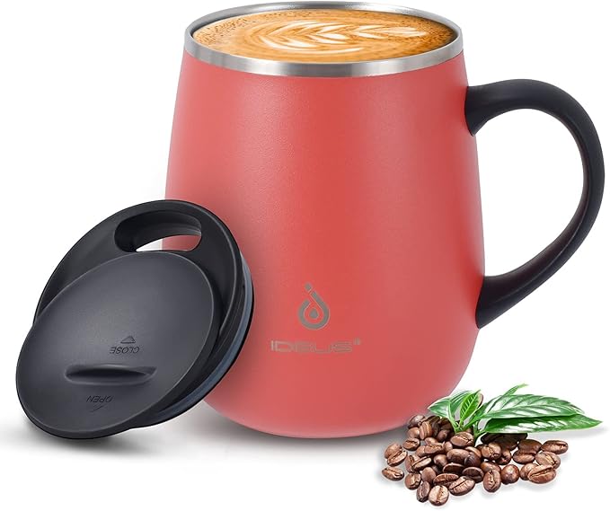 Ideus 16 oz Insulated Coffee Mug with Handle and Lid, Double Wall Stainless Steel Vacuum Thermal Coffee Mug, Travel Coffee Cup Thermal Cup for Home and Office, Jellyfish Red
