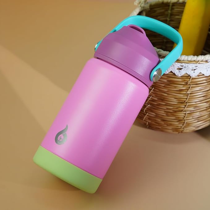 BJPKPK Insulated Water Bottle with Straw Lid, 12oz Thermos Water Bottles, Flex Handle & Non-slip Boot, BPA Free Leak Proof Stainless Steel Metal Thermos, Tumblers, Cups,Rose Pink