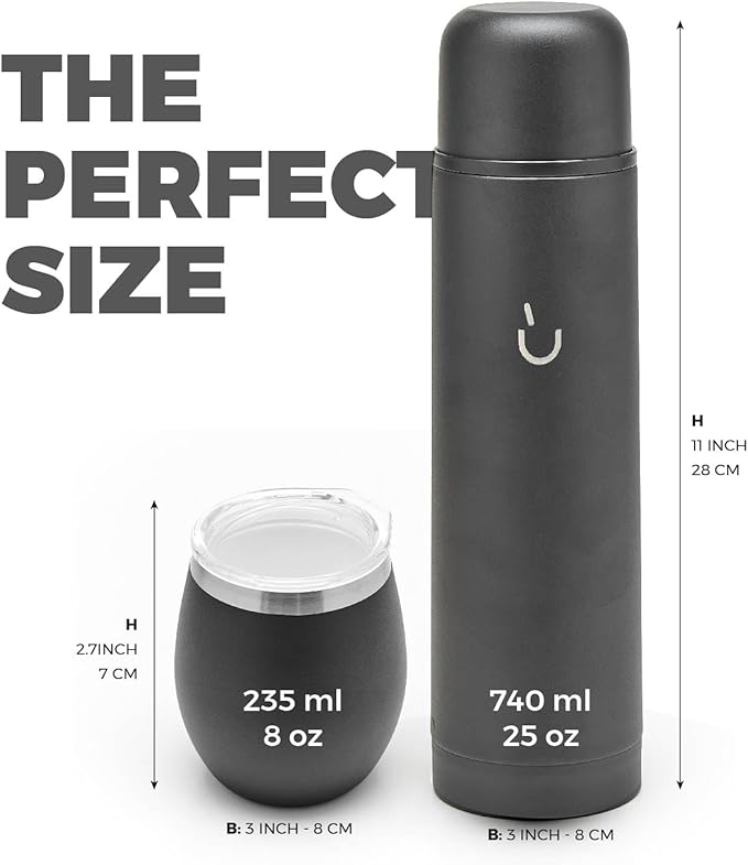 BALIBETOV Complete Yerba Mate Set - Modern Mate Gourd, Thermal Flask, Bombilla and Cleaning Brush Included - All Premium Quality 304 18/8 Stainless Steel (Full Black)
