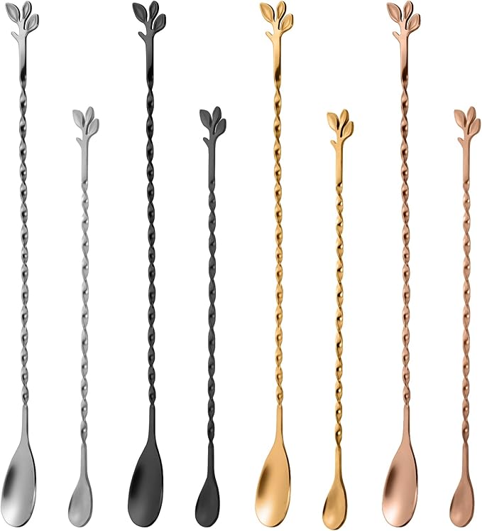 AnSaw Gold 10-Inch Stainless Steel Cocktail Spoon with Leaf Handle - Perfect for Mixing & Layering Drinks in Tall Cups, Bar & Shakers - Durable Long Handle Bar Stirrer,1-Pieces