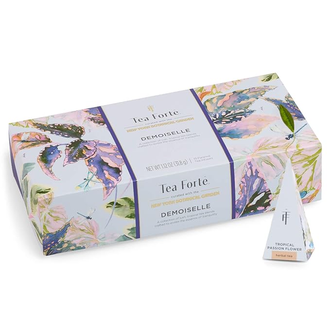 Tea Forte Demoiselle Petite Presentation Box Tea Gift Set Sampler, 10 Count, 2 of Each Variety Individually Wrapped Handcrafted Pyramid Infuser Bags