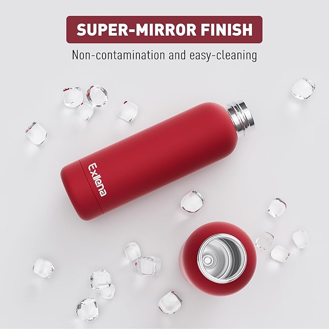 Slim Insulated Water Bottles for Travel 18oz with Clip, Double Wall Vacuum Stainless Steel Water Bottle Keeps Drinks Cold 24 Hrs/Hot 12 Hrs, 100% Leakproof, BPA Free（Red）