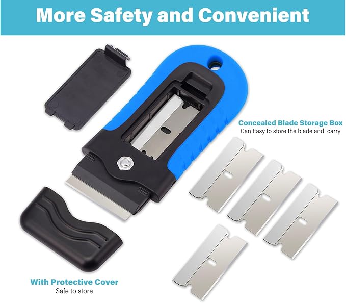Gomake Razor Blade Scraper Tool with Blade Storage Container, Glass Cooktop Stove Scraper with 10PCS Stainless Steel Blades for Glass Clean,Paint,Old Label,Decal Sticker,Adhesive Remover (Blue)