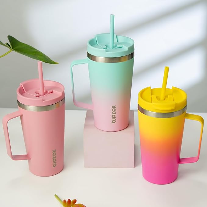 BJPKPK Insulated Tumbler with Handle, 18oz Insulated Tumblers with Lid and Straw, Stainless Steel Metal Water Bottles, Coffee Travel Mugs, Cups, Pink & Yellow Rose