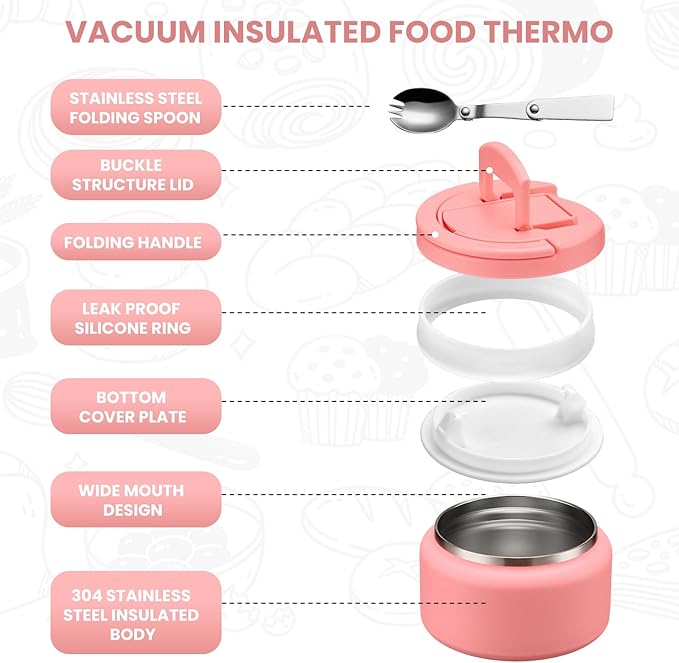 Soup Thermo for Hot Food Kids 13.5oz Lunch Containers with Buckle Lid Wide Mouth Hot Food Jar Vacuum Insulated Stainless Steel Bento Box Leakproof with Spoon(Pink)