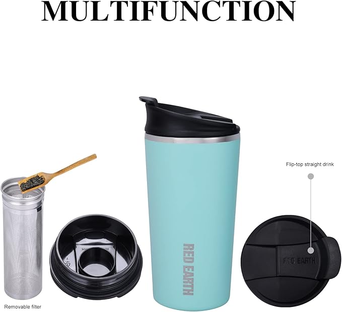 GiNT 17oz Travel Tea Mug with Infuser and Two Lid. Vacuum Insulated 316 Stainless Steel Travel Coffee Mug. Dishwasher Safe Tea Cup with Tea Strainer for Hot and Cold Brew Coffee or Tea(Green)