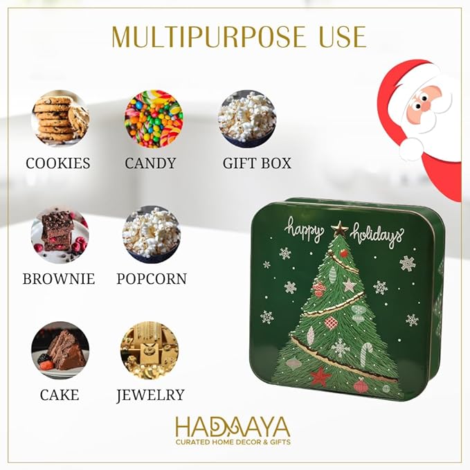 Metal Christmas Cookie Tins with Lids, 6 Pack Green Square Holiday Storage Containers, Durable & Stylish Storage Solution For Gift Giving, Cake, Candy & More
