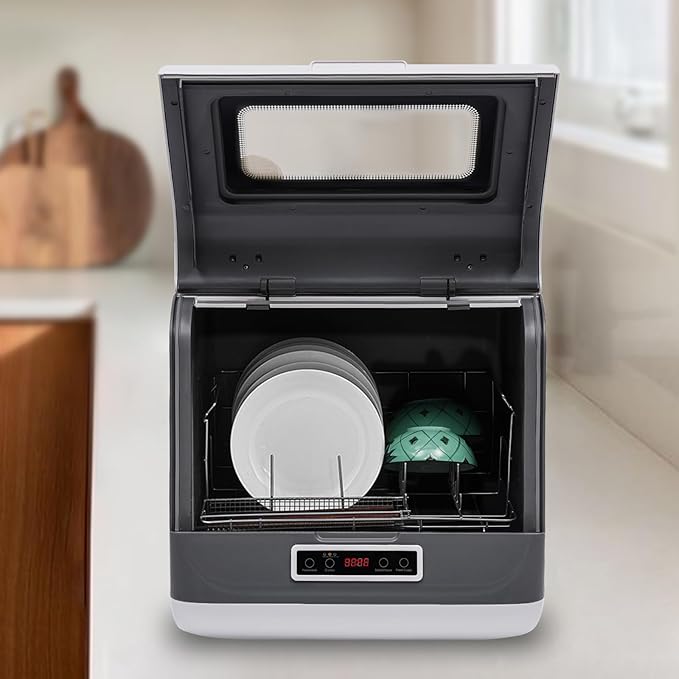 800W Portable Countertop Dishwasher, 110V Automatic Mini Dishwasher Machine with 3 Washing Programs, 360° Rotating Spray Air Drying Function for House Dorm Apartment RV
