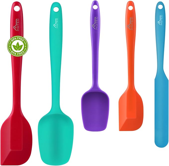 HOTEC Heat Resistant 600℉ Food Grade Silicone Rubber Spatula Set for Baking, Cooking, and Mixing Non Stick Dishwasher Safe BPA-Free Multicolor Set of 5