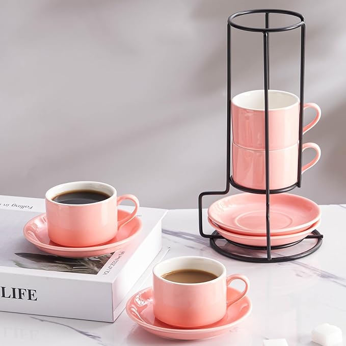4oz Porcelain Stackable Espresso Cups with Saucers and Metal Stand Set of 4, Stackable Cappuccino Cups, Pink Expresso Shots Cup Set for Coffee Drinks, Latte, Americano, Tea
