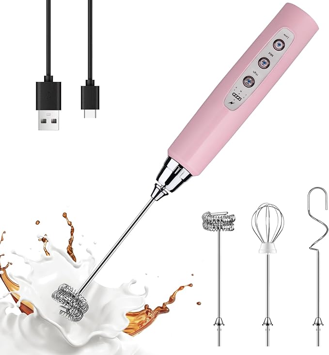 YUSWKO Pink Milk Frother Handheld with 3 Heads, Coffee Whisk Drink Foam Mixer with USB Rechargeable 3 Speeds, Electric Hand Frother for Latte, Cappuccino, Hot Chocolate, Egg