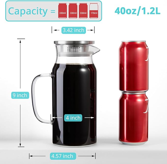 1.2 Liter 40 oz Small Glass Pitcher with Lid and Spout, Glass Carafe for Hot/Cold Water, Iced Tea Jug for Coffee, Juice and Homemade Beverage