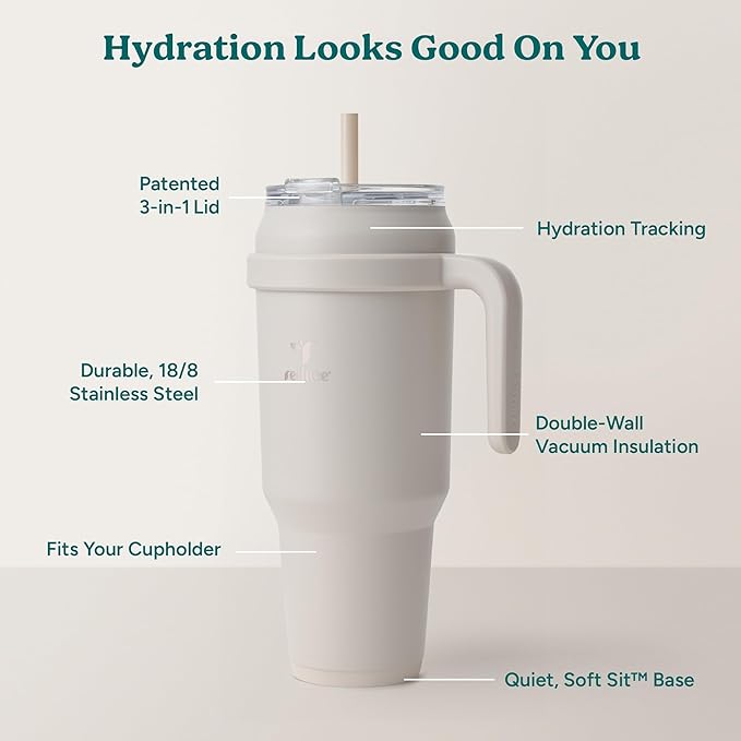 REDUCE Reusable 50 oz Cold1 Water Tumbler – Ergonomic Handle – Double-Wall Insulation – Sturdy Desktop/Tabletop Mug with Lid and Straw – BPA-Free – Stainless Steel for Gym, Home, Office – Casa Blanca