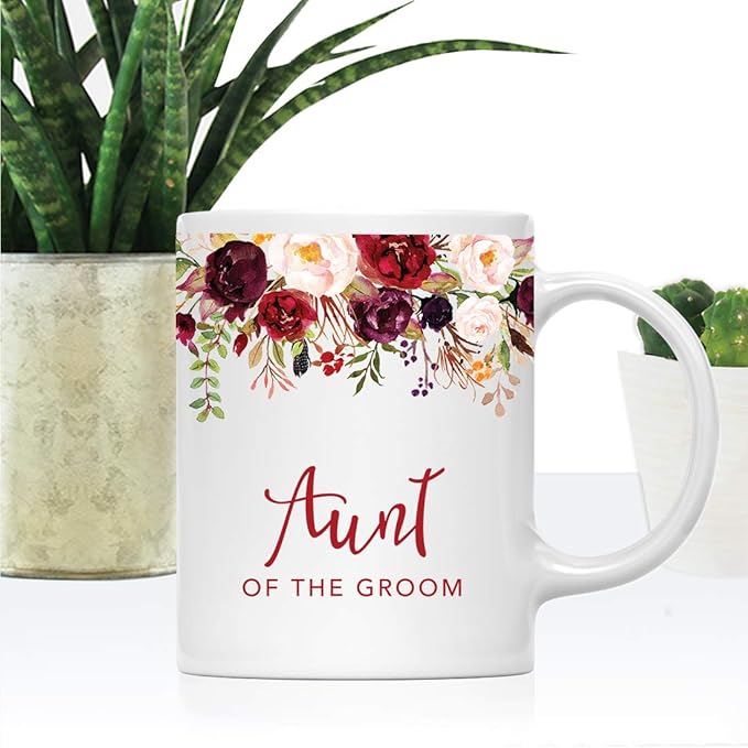 Andaz Press 11oz. Wedding Ceramic Coffee Tea Mug Gift, Fall Autumn Marsala Burgundy Flowers Roses Florals, Aunt of the Groom, 1-Pack, Includes Gift Box