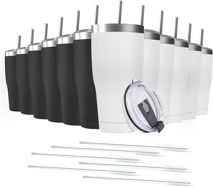 12 Pack 20oz Stainless Steel Tumblers Bulk Reusable Travel Mugs with Lid, Double Wall Powder Coated Coffe Cup for Home, Office, Outdoor Suitable for Vehicle Cup Holders