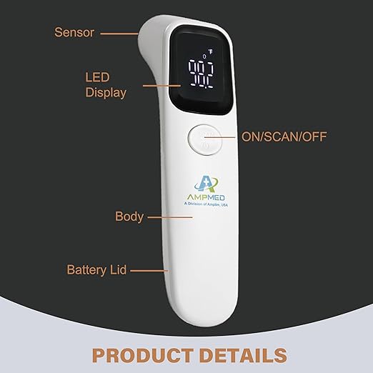 Amplim Forehead Thermometer | No-Touch, FDA-Cleared, Medical-Grade Infrared | 1-Second Read with Audible Fever Alert | Accurate Digital Infrared Thermometer for Adults, Kids, Baby