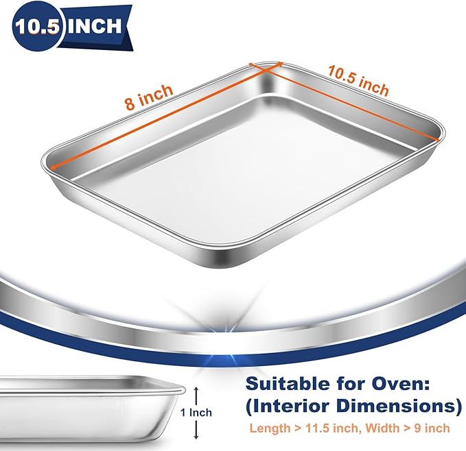 P&P CHEF 10.5 Inch Baking Cookie Sheet, Oven Pan Tray Stainless Steel Sheet Pan for Kitchen, Oven Bakeware for Multi Uses, Shiny Look & Dishwasher Safe, Healthy & Heavy Duty, 2Pcs