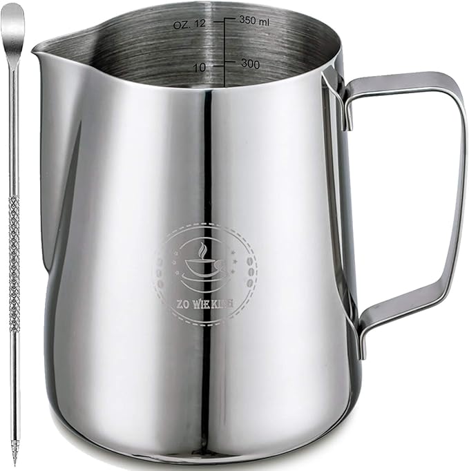 Milk Frothing Pitcher 12oz, Espresso Steaming Pitchers 350ml, Frother cup, Coffee Cappuccino Latte Art,304 Stainless Steel Jug with Decorating Art Pen